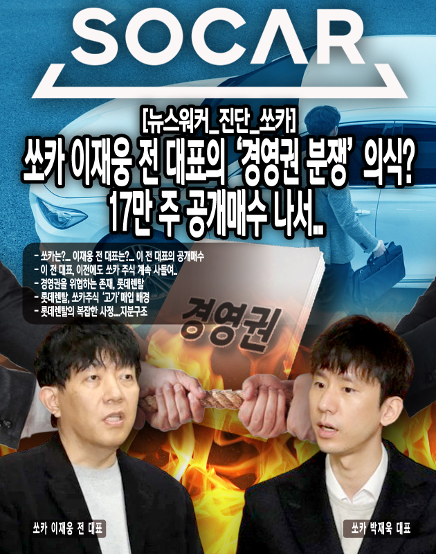 쏘카 경영권을 둘러싼 분쟁이 시작됐다! 이재웅 전 대표가 17만 주 공개매수로 롯데렌탈의 공격에 맞서며 경영권 방어를 노리고 있다. 롯데렌탈은 이미 25.7% 지분을 확보하며 위협 중이지만, 이 전 대표는 우호 세력과 함께 50% 가까운 지분으로 맞불을 놓았다. 롯데의 고가 매입(661억 원)과 GS칼텍스 가처분, 최대주주 어피니티 인수로 혼란은 더 커졌다. 이재웅의 승부수가 통할지, 롯데가 경영권을 차지할지 주의깊게 지켜봐야 할 것으로 보인다.[편집자 주]