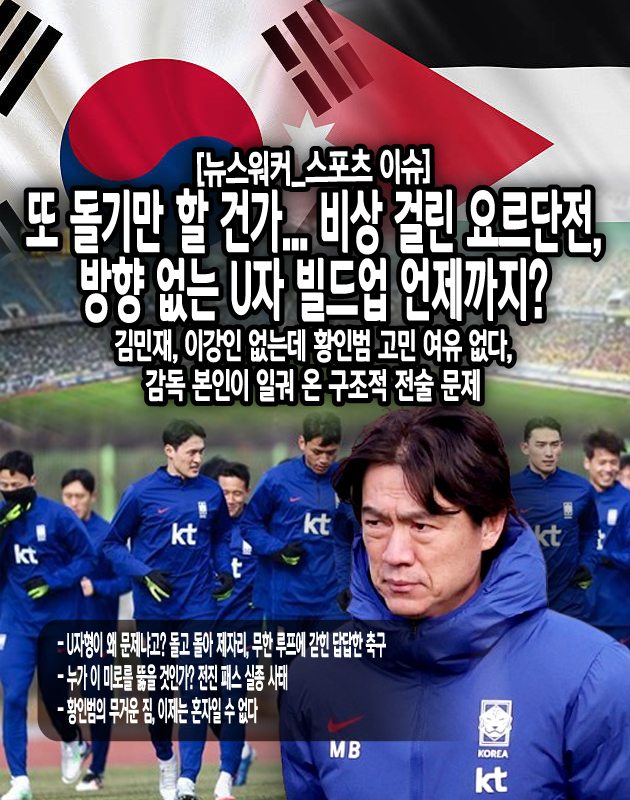 한국의 U자 빌드업이 심각한 이유는, 단순히 템포가 느리다는 문제가 아니라 ‘돌파구가 없다는 것’에 있다. 오만이 쓴 5-4-1 블록은 공간이 좁고 수비 숫자가 많은 전형이었는데, 이런 팀을 상대할 때 가장 중요한 건 전진 패스와 하프스페이스 침투다. 하지만 한국은 그런 플레이를 할 수 있는 선수가 거의 없었다. 설상가상으로 공격진도 모두...[본문 중에서]