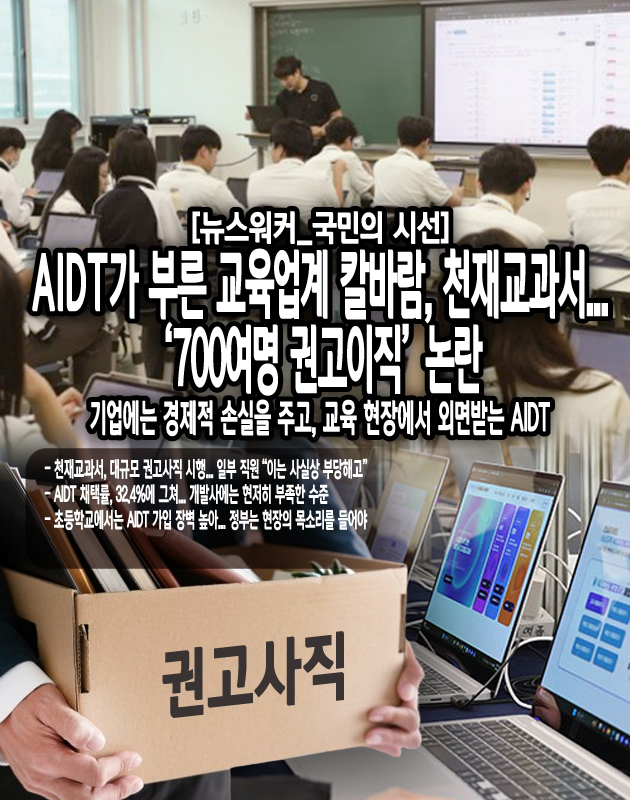 당초 AIDT는 올해 3월부터 초등학교 3~4학년, 중·고등학교 1학년의 수학, 영어, 정보 교과에 도입될 예정이었다. 그러나 지난해 12월 국회에서 AIDT의 지위를 교과서에서 교육자료로 격하하는 초·중등교육법 개정안이 통과됨에 따라 AIDT에 대한 논란이...[본문 중에서]