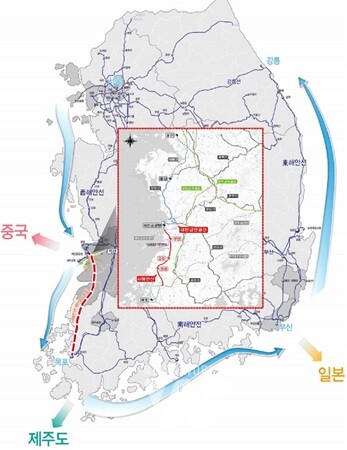한반도 U자형 철도망 마지막 단절구간인 서해안철도 노선도(안)