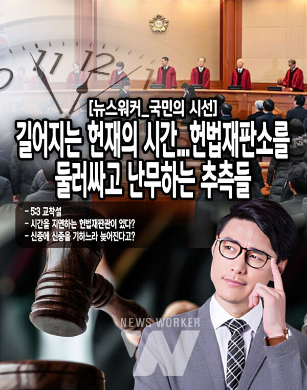 일부 헌법학자들은 재판관 8명 중 한 두명이 고의로 시간을 끌고 있는 것 아니냐는 의심을 내놓기도 했다. 기각이나 각하 의견을 가진 재판관 일부가 자신의 의견이 받아들여지지 않자, 시간을 끄는 것 아니냐는...[본문 중에서]