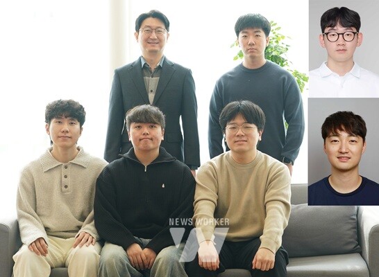 (뒷줄 왼쪽부터 시계방향으로) AI융합학과 이규빈 교수, 맹제모 박사과정생, 신성호 현대자동차 로보틱스랩 책임연구원, 백승혁 한국기계연구원 선임연구원, 이주순·이상범 석박사통합과정(박사과정생), 김강민 박사과정생