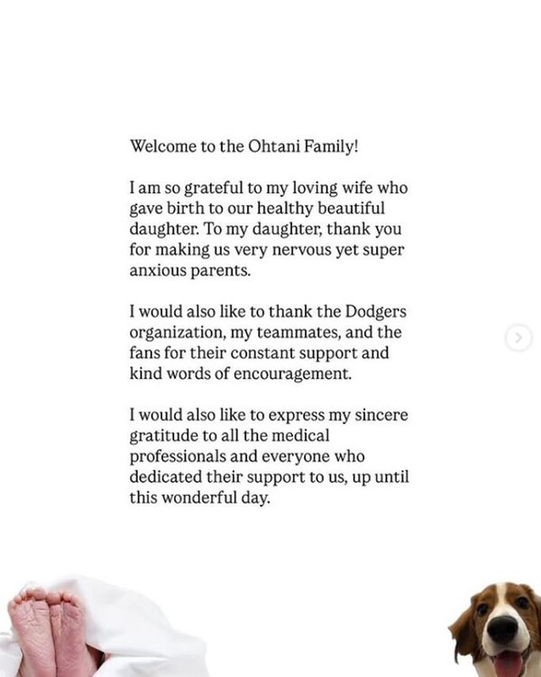 야구천재 오타니 쇼헤이가 20일 인스타그램을 통해 딸 출산 소식을 전했다. [사진=오타니 쇼헤이 인스타그램]
