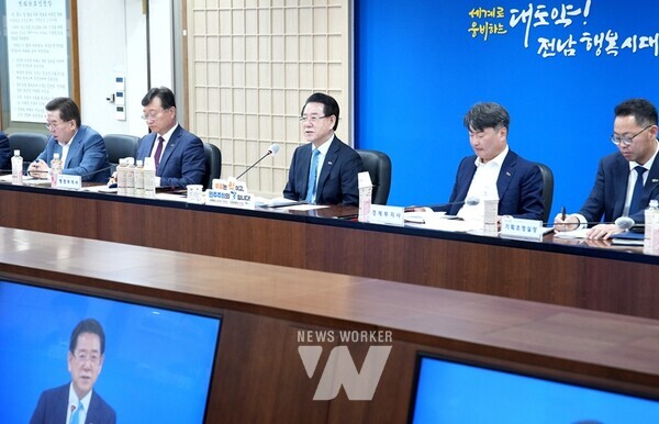 김영록 전라남도지사가 13일 오전 도청 서재필실에서 실국장 정책회의를 주재하고 있다.