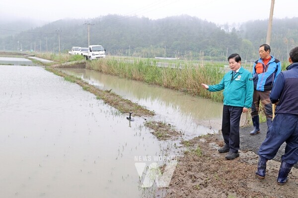 공영민 고흥군수가 16일 집중호우로 인한 해창만 간척지 침수 피해 현장을 직접 찾아 점검하고, 추가 피해 예방을 위한 대응을 지시했다.