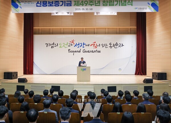 최원목 신용보증기금 이사장이 30일 대구 본점에서 개최된 ‘창립 49주년 기념식’에서 기념사를 하고 있다.