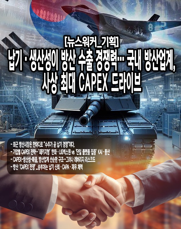업계에서는 향후 관전 포인트로 이 급격한 CAPEX가 향후 수주잔고로 충분히 흡수될 수 있는지를 꼽는다. 현재 글로벌 방산 호황과 다변화된 수출선(폴란드, 사우디, 이라크 등)이 유지된다면 설비투자-납품-매출 선순환은 더욱 강화될...[본문 중에서]" height="800" loading="lazy