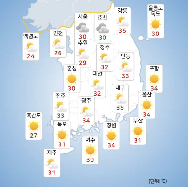 수요일 전국이 대체로 흐린 가운데 습하고 더운 여름 날씨를 보이겠다. [사진=기상청]