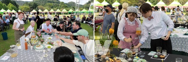 좌-김철우 보성군수와 외국인 관광객들이 함께 차를 마시고 있다(오후의 차밭),우-보성 녹차를 이용하여 티 아티를 하고 있다(보성 통합축제)