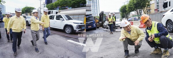 강기정 광주광역시장이 21일 오후 서구 상무중학교 인근 도시철도2호선 1단계 공사현장에서 복공판과 도로면 단차 해소를 위한 주행차로 덧씌우기(포장) 공사 진행 과정을 살펴보고 있다./광주광역시 제공