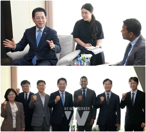 김영록 전라남도지사가 23일 서울 여의도에서 비노드 파트와리 린데 아태지역 사장과 여수 묘도 블루수소 클러스터 조성 등 관련 논의를 하고 있다.