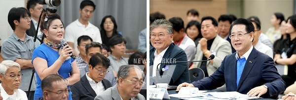 김영록 전라남도지사가 29일 영광군청에서 열린 ‘영광군 정책비전 투어’ 행사에서 정책현안에 대한 토론을 주재하고 참석자들의 정책제안 및 쪽지 건의 등에 대한 질문에 답변을 하고 있다.