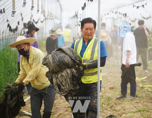정청래 더불어민주당 대표가 당선 이후 첫 공식 일정으로 나주 수해 피해 복구 현장을 찾아 힘을 보탰다.
