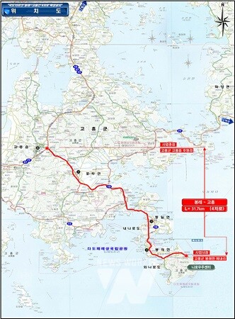 예타 통과- 고흥~봉래 간 국도15호선 위치도