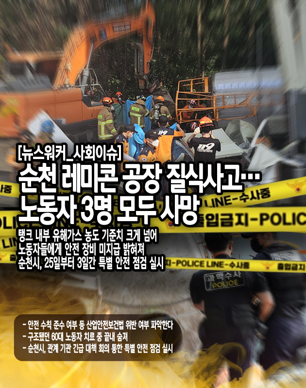 경찰은 본격 수사에 나섰다. 지난 22일 전남경찰청에 다르면 질식 사고가 발생한 순천 레미콘 공장 유종완 대표와 관계자 4명을 참고인으로 불러 조사를 진행했다. 경찰은 참고인들에게 피해 노동자들이 공장 내 저장용 간이 탱크(사일로) 청소 작업에 투입된 경위를 조사했다고...[본문 중에서]