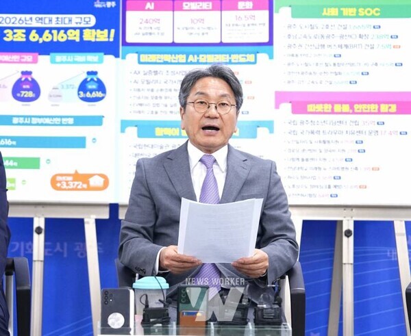 강기정 광주광역시장이 29일 시청 기자실에서 기자들과 만나 '2026년도 정부예산안'을 설명하고 있다. 광주시는 역대 최대 규모인 국비 3조6616억원을 확보했다. /광주광역시 제공