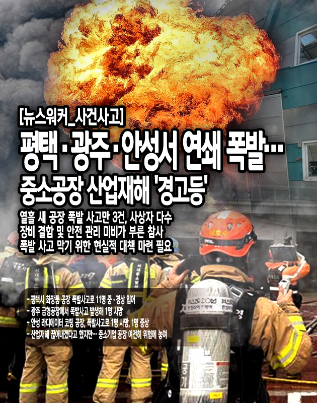 공장 폭발 사고를 예방하기 위해서는 법적•제도적 대책과 기업 내부 안전 관리, 근로자 안전 교육 및 대응 교육이 모두 필요하다. 기업 내부에서는 안전 관리 조직을 구성하여, 노후 장비나 폭발 위험 기계를 정기적으로 점검하여 표준 작업 절차(SOP)를 마련하여 근로자가 단계별 안전 절차를 숙지하도록 해야 한다. 근로자는 헬멧, 방폭복, 안전 안경 등과 같은 보호구 등을 필수로 착용하여 사고 발생 시 피해를 최소화하기 위한 노력이...[본문 중에서]