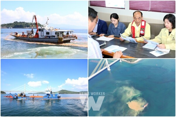 3일, 고흥군 양국진 부군수(오른쪽 두번째)와 관계 담당자들이 금산면 신촌 해역에서 적조 특보 상향에 따른 선제적 대응을 위해 방제 계획을 점검하고 있다.
