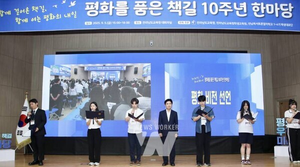 ‘평화를 품은 책길 10주년 한마당’ 참여자들이 ‘평화는 우리들의 미래입니다’라는 슬로건이 적힌 현수막을 펼쳐보이고 있다.(사진2) ‘평화를 품은 책길 10주년 한마당’ 참여자들이 파이팅을 외치며 기념촬영 하고 있다.(사진3) 학생대표단이 무대에 올라 “평화는 우리들의 미래”라는 구호를 외치며 선언문을 낭독하고 있다.(사진4-5) 김대중 전라남도교육감이 ‘평화를 품은 책길 10주년 한마당’에서 인사말을 전하고 있다.
