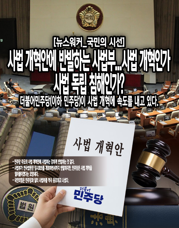 대법관 후보 추천제 개편에 대해서도 반대 입장을 냈다. 민주당의 법관대표회의와 지방변호사회가 참여하는 대법관후보추천위원회 구성안에 반대 의사를 나타낸 것이다. 전국법원장 임시 회의에 참여한 다수의 법원장이 위원회 구성과 방식 등이 사법권 독립 침해 우려가 있다는 이유를 들었다. 아울러 외부 인사가 참여하는 법관 평가 제도도 사법권 독립 침해를 이유로 반대 의사를...[본문 중에서]