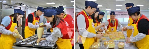 광주신세계, 사랑의 제빵나눔 봉사활동에 참여한 임직원들이 빵을 직접 만들고 있다.