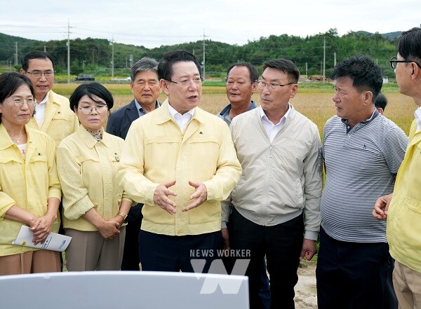 김영록 전라남도지사가 26일 오후 벼 깨씨무늬병 피해 현장인 보성군 미력면 반룡리 일원을 방문해 주요 농작물 피해현황 청취 및 피해현장을 둘러보고 있다.