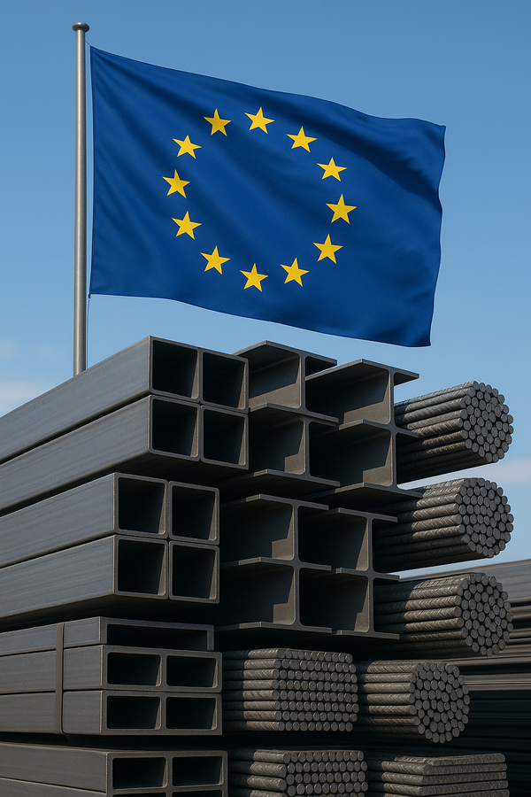 유럽 연합 깃발과 철강 자재 [사진=인공지능(DALL-E) 생성 이미지]