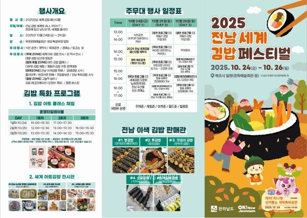 전라남도는 24일부터 26일까지 목포 남도국제미식산업박람회에서 2025 전남 세계 김밥페스티벌을 개최한다.