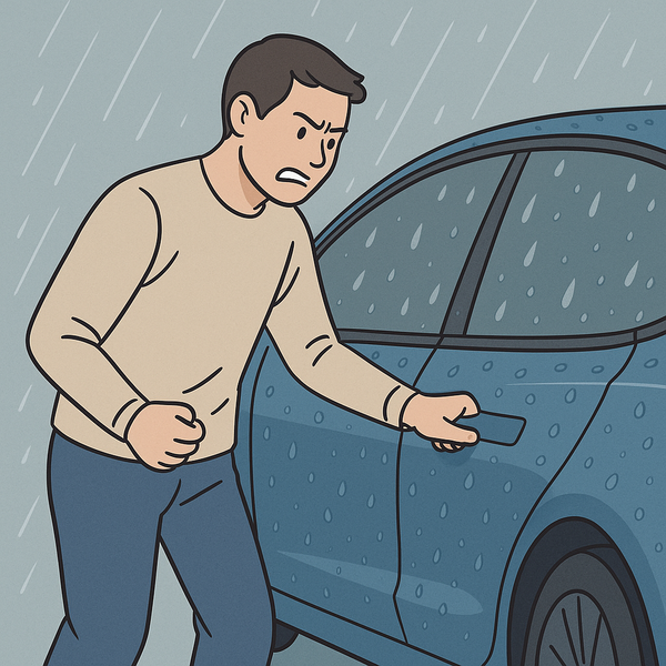 매립형 손잡이가 열리지 않아 곤란해 하는 차주의 모습 [사진=인공지능(DALL-E) 생성 이미지]