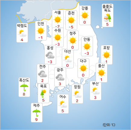 영하의 추위가 이어지는 가운데, 오전까지 비나 눈이 내리는 지역이 있겠다. [사진=기상청]