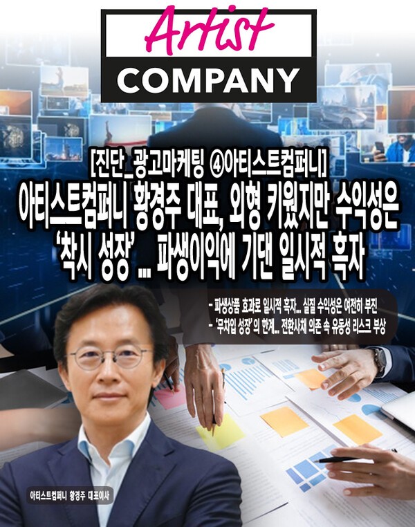 아티스트컴퍼니는 외형 성장을 이어가고 있지만, 수익성 회복은 여전히 더딘 흐름을 보인다. 배우 매니지먼트 중심에서 콘텐츠·IP(지식재산) 기반의 스튜디오형 기업으로 전환을 시도하며 ‘선투자형 성장 구조’로 접어든 만큼, 향후 투자 규모 확대에 따른 자금 조달 부담과 수익 회수의 불확실성이 커질 것으로 예상된다. [본문 중에서]" height="762" loading="lazy