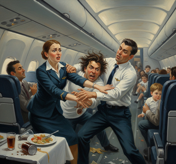 기내 난동을 부리려는 승객을 제지하는 모습 [사진=인공지능(Imagen 3) 생성 이미지]