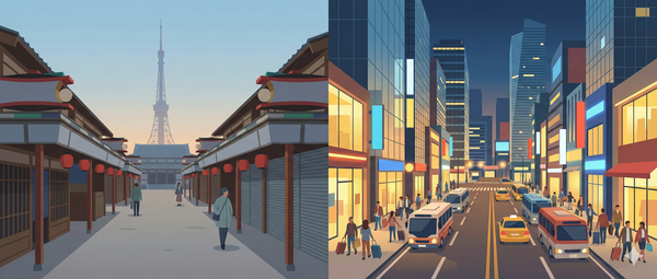 한산한 일본의 거리와 대비되는 활기찬 한국의 거리 [사진=인공지능(Imagen 3) 생성 이미지]